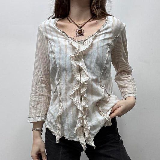 Pinstripe ruffle flared shirt