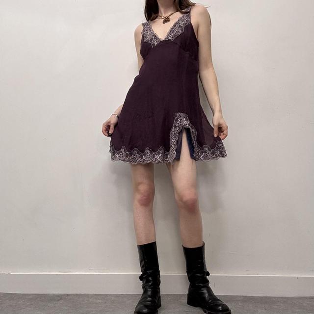 Purple silk lace slit dress