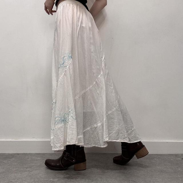 White cotton embroidered flared maxi skirt
