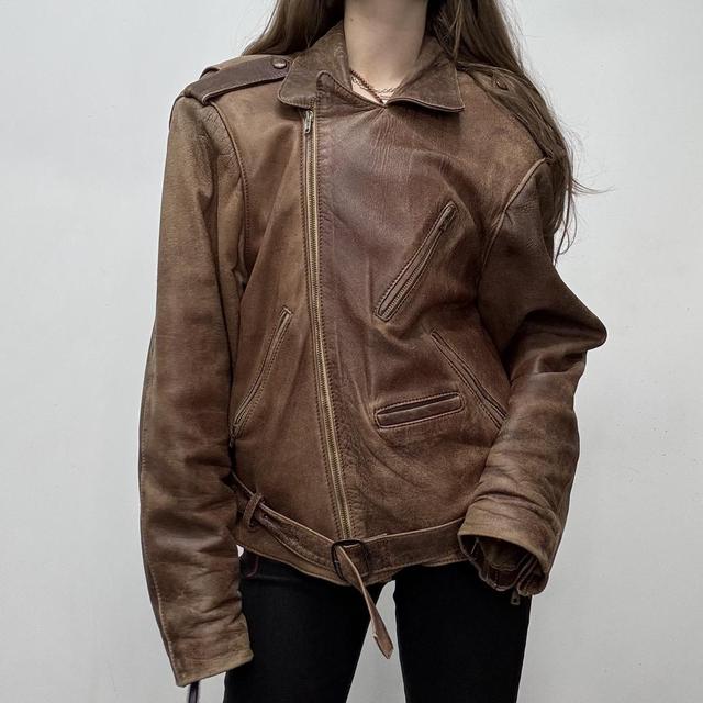 Brown leather slouchy biker jacket