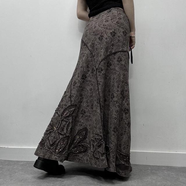 Brown floral checked tweed style maxi skirt