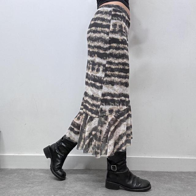 Sheer mesh distressed print ruffle midi skirt