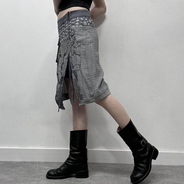 Grey graphic patterned asymmetric midi skirt