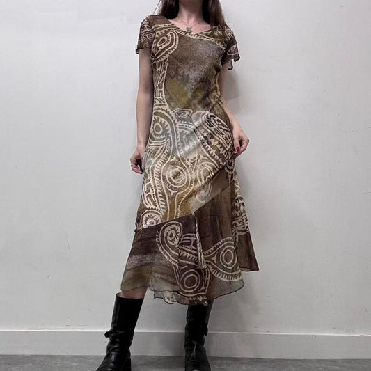 Distressed brown patterned bias cut 90s dress