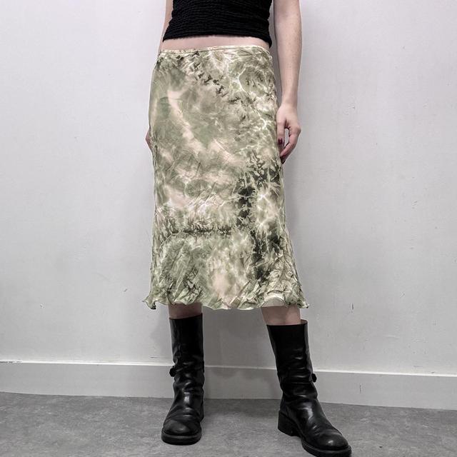 Green mesh distressed print midi skirt