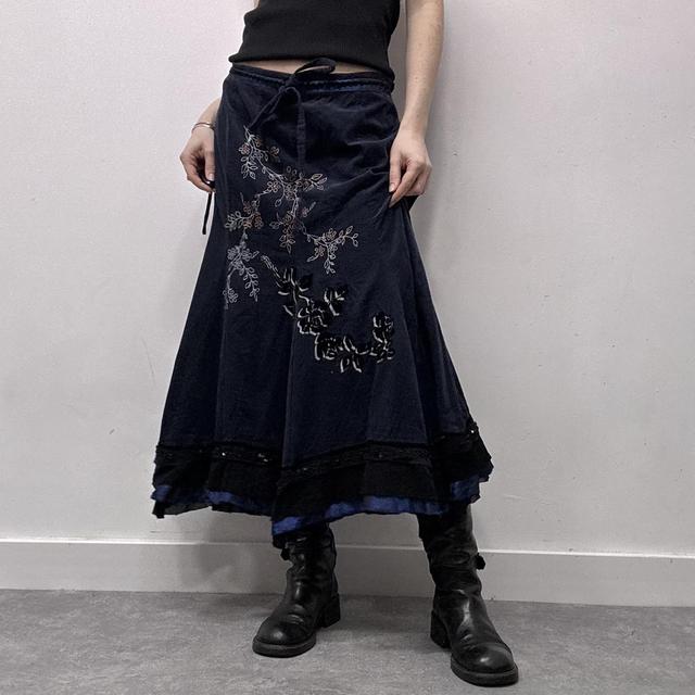 Navy corduroy embroidered ruffle maxi skirt