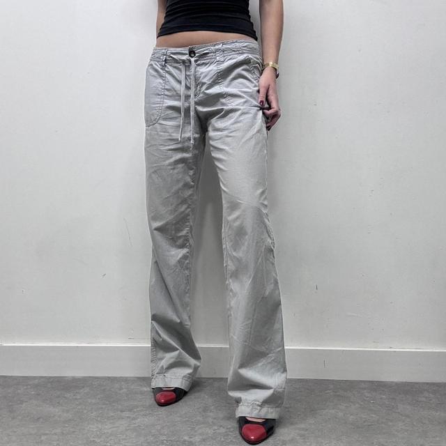 Grey pinstripe wide leg flared drawstring cargo pants