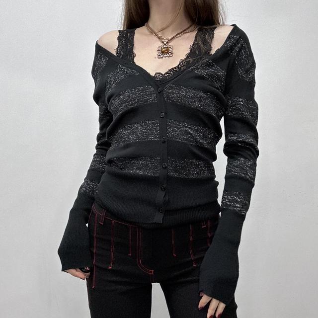 Black striped slouchy wide neck cardigan