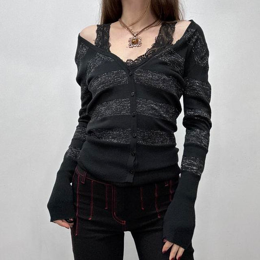 Black striped slouchy wide neck cardigan