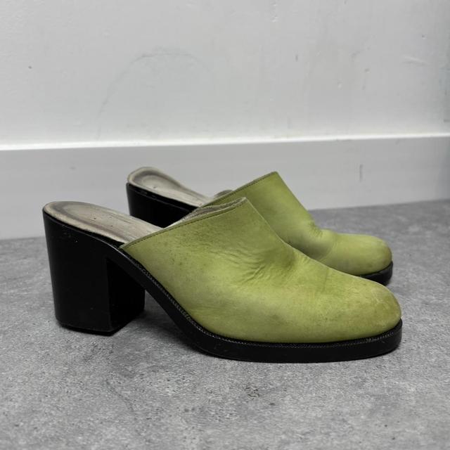 Green leather heel mules