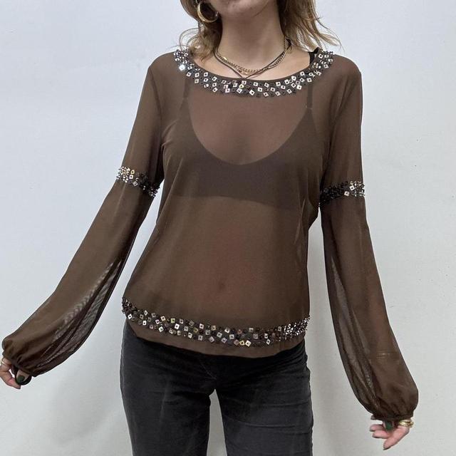 Sheer mesh brown puff sleeve blouse