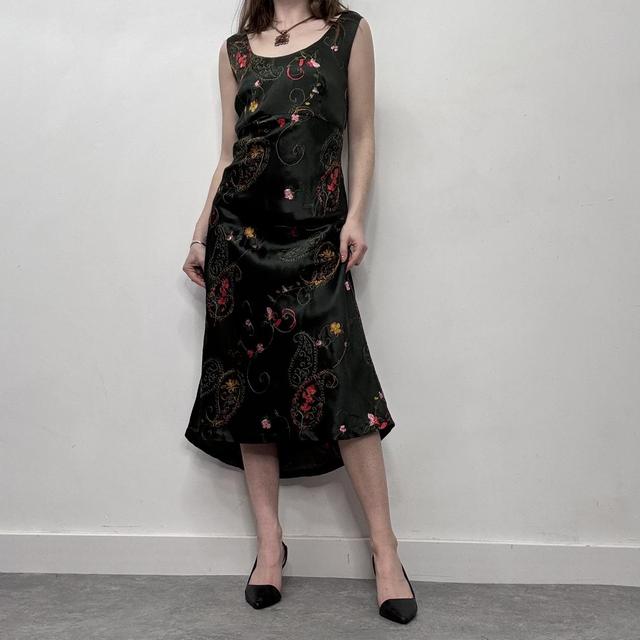 Dark green silk bias cut embroidery dress