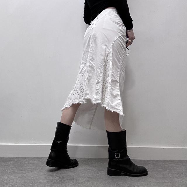 White flared distressed midi skirt