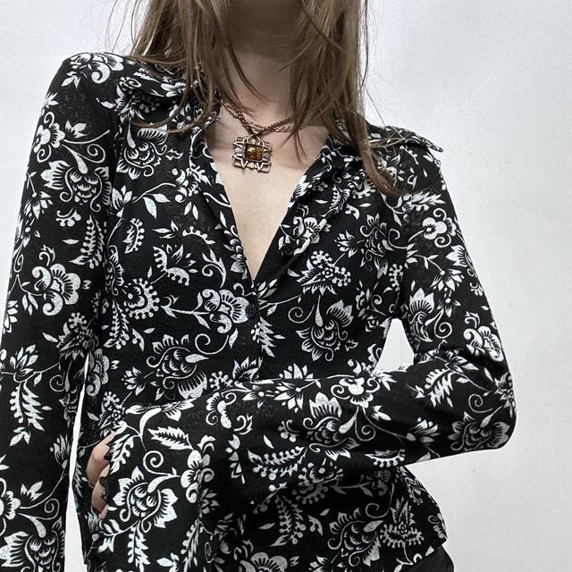 Black floral sheer mesh lace shirt