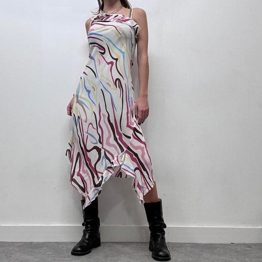 Graphic drawn print fishtail midi dress