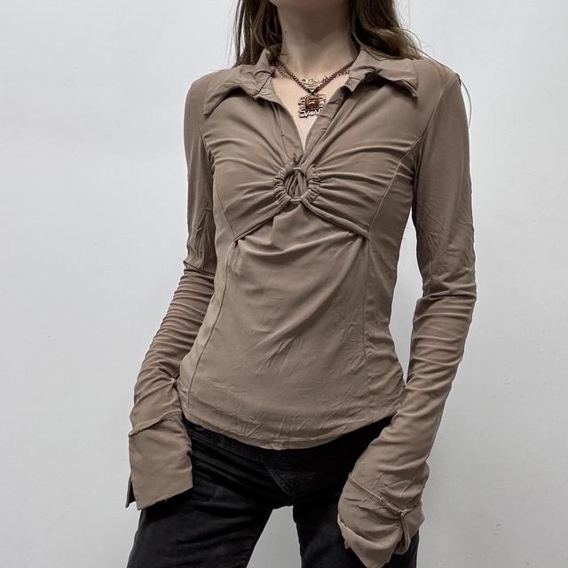 Tan fitted flare gathered shirt