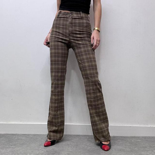 Brown tartan checked flared leg trousers