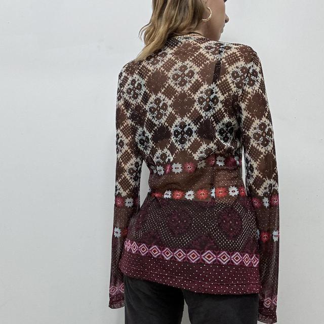 Boho flared brown micro mesh top