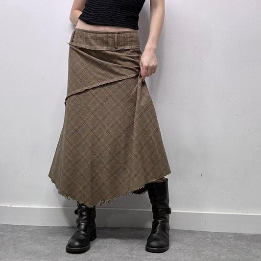 Khaki checked tartan patchwork midi skirt