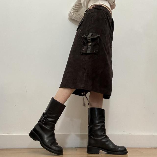 Brown suede cargo midi skirt