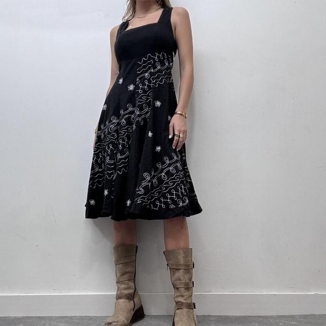 Black boho embroidered flared midi dress