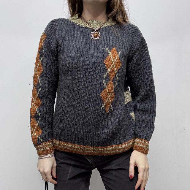 Oversized slouchy knit argyle striped jumper