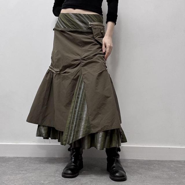 Khaki pinstripe asymmetric layered maxi skirt