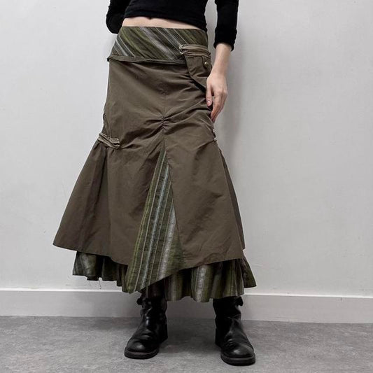 Khaki pinstripe asymmetric layered maxi skirt