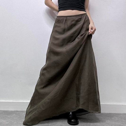 Khaki green sheer layered silk maxi skirt