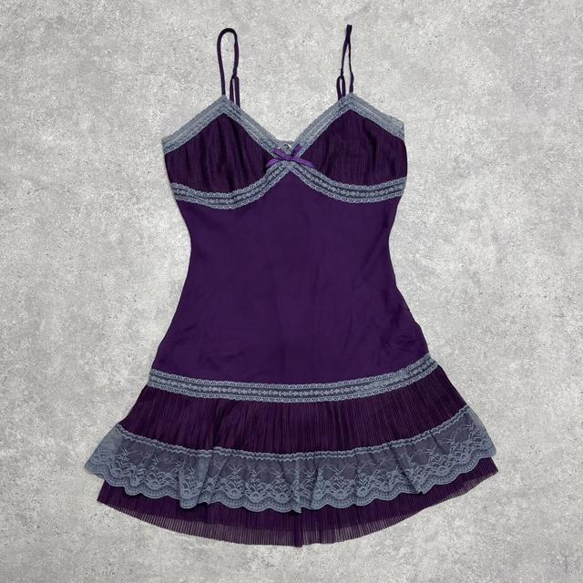 Purple ruffle sheer lace slip dress