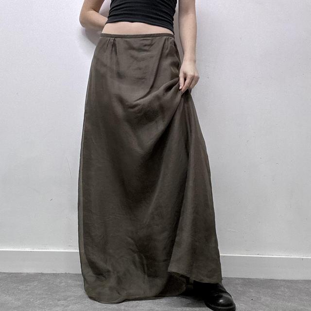 Khaki green sheer layered silk maxi skirt