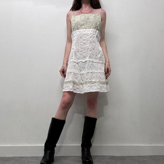 White pinstripe crinkle lace midi dress