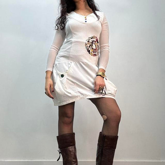 White flared puff mini dress