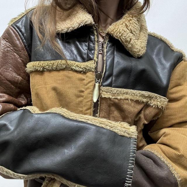 Faux leather sheepskin patchwork jacket