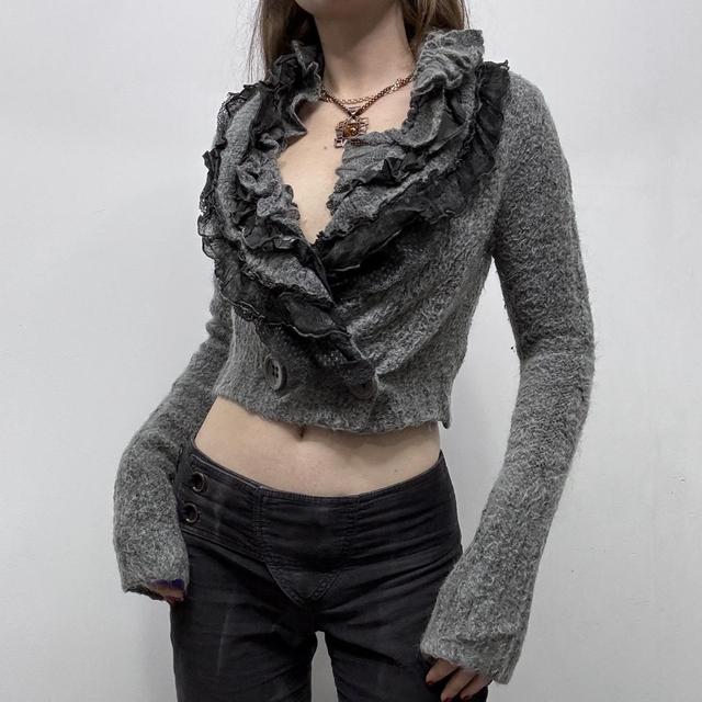 Grey ruffle lace knit cropped wrap cardigan