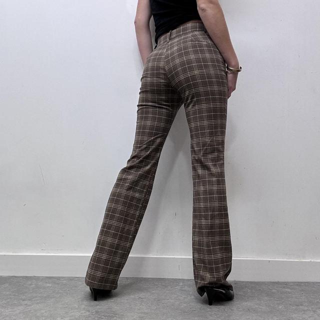 Brown tartan checked flared leg trousers