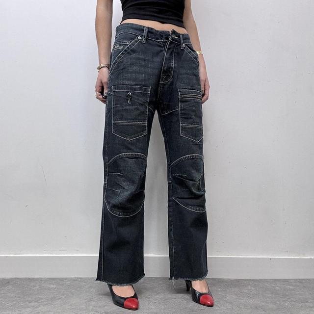 Dark wash distressed baggy cargo jeans