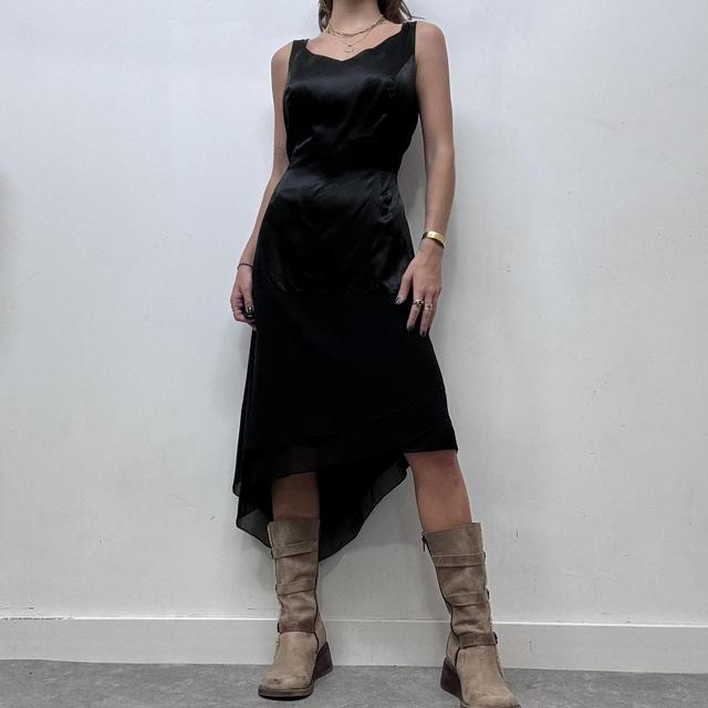 Black silk asymmetrical wide neck midi dress