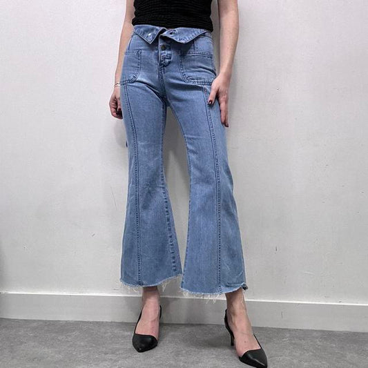 Button waist pocket front flared jeans