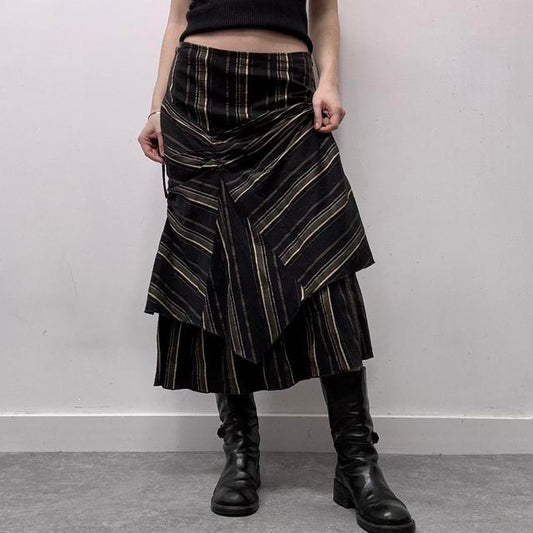 Pinstripe asymmetric ruched midi skirt