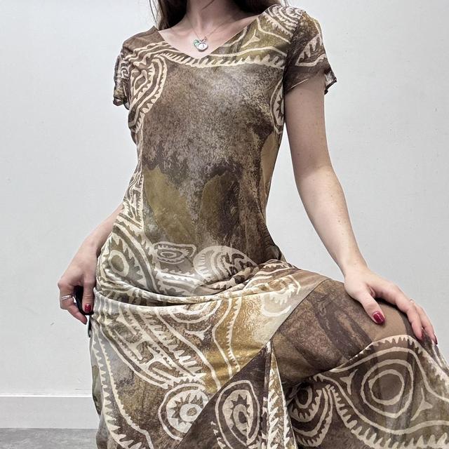 Distressed brown patterned bias cut 90s dress