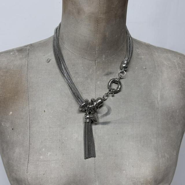 Layered chunky silver chain tassle necklace