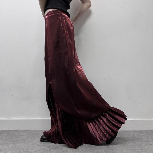 Red layered pleated maxi skirt