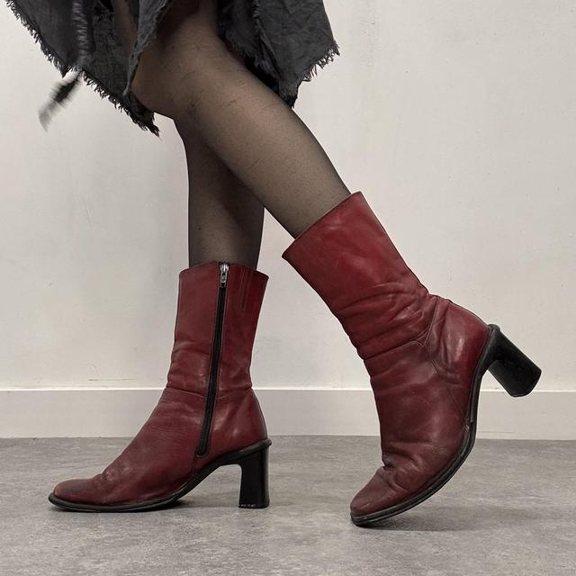 Red leather square toe boots