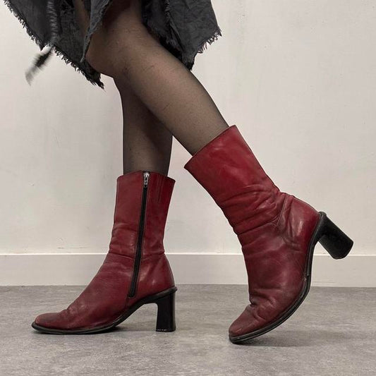 Red leather square toe boots