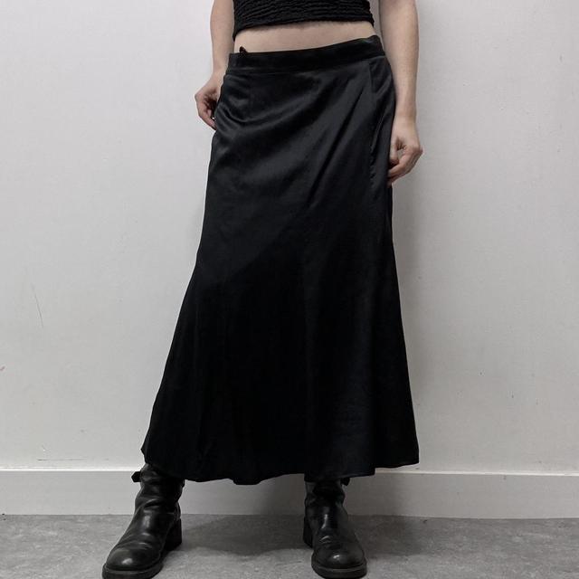 Black silk flared midi skirt