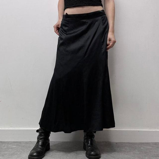 Black silk flared midi skirt