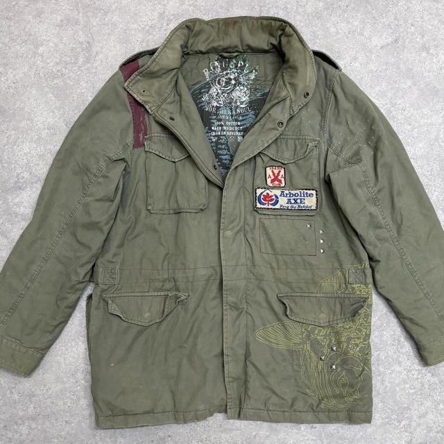 Khaki cargo distressed graphic jacket