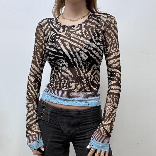 Sheer distressed graphic print mesh top