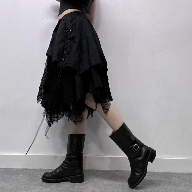 Black lace puff asymmetric grunge midi skirt